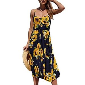 Floral Button Down Spaghetti Strap Dress w/Pockets